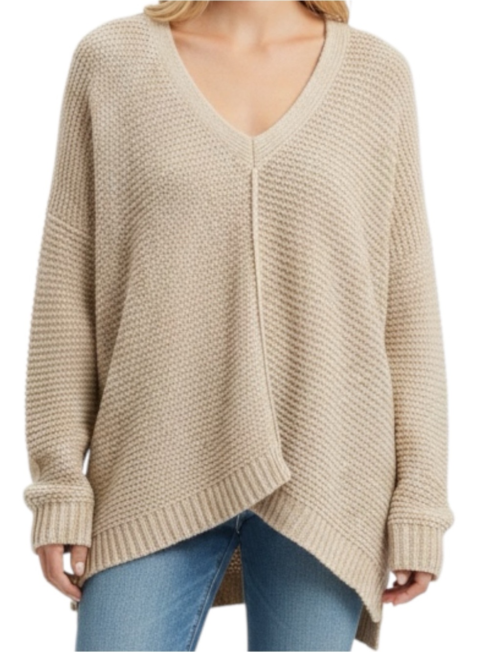 Free People V-Neck Knit Sweater in Beige